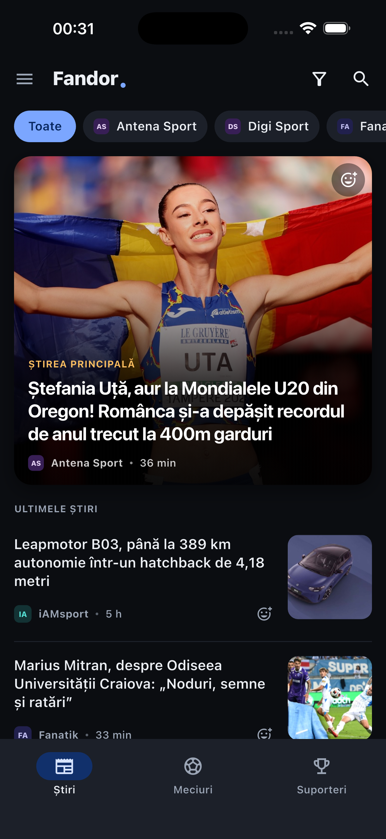 Fandor: the Romanian sports news feed with articles and match updates.